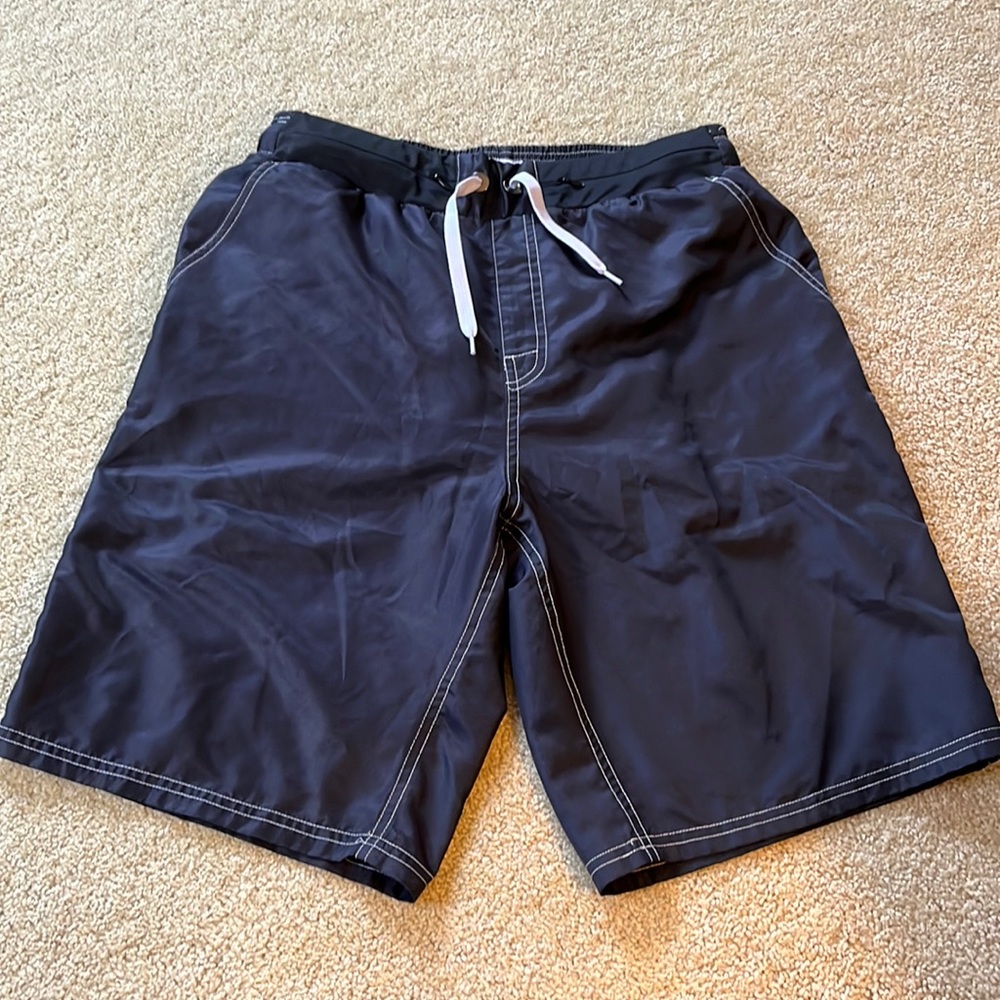 Mens medium navy blue w/white trim lined swim trunks by Aegend